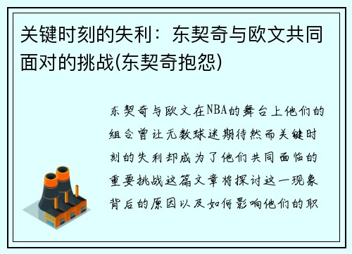 关键时刻的失利：东契奇与欧文共同面对的挑战(东契奇抱怨)