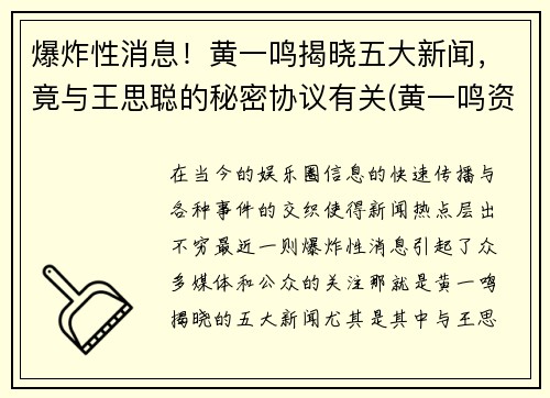 爆炸性消息！黄一鸣揭晓五大新闻，竟与王思聪的秘密协议有关(黄一鸣资料)